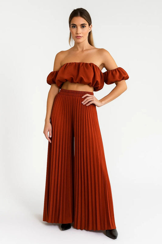 Jolanda – Completo Estivo Donna Spalle Scoperte Plissé Terracotta