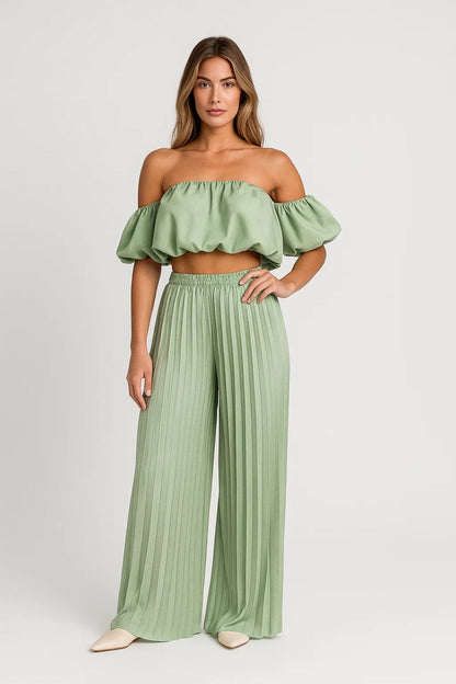 Jolanda – Completo Estivo Donna Spalle Scoperte Plissé Verde Salvia