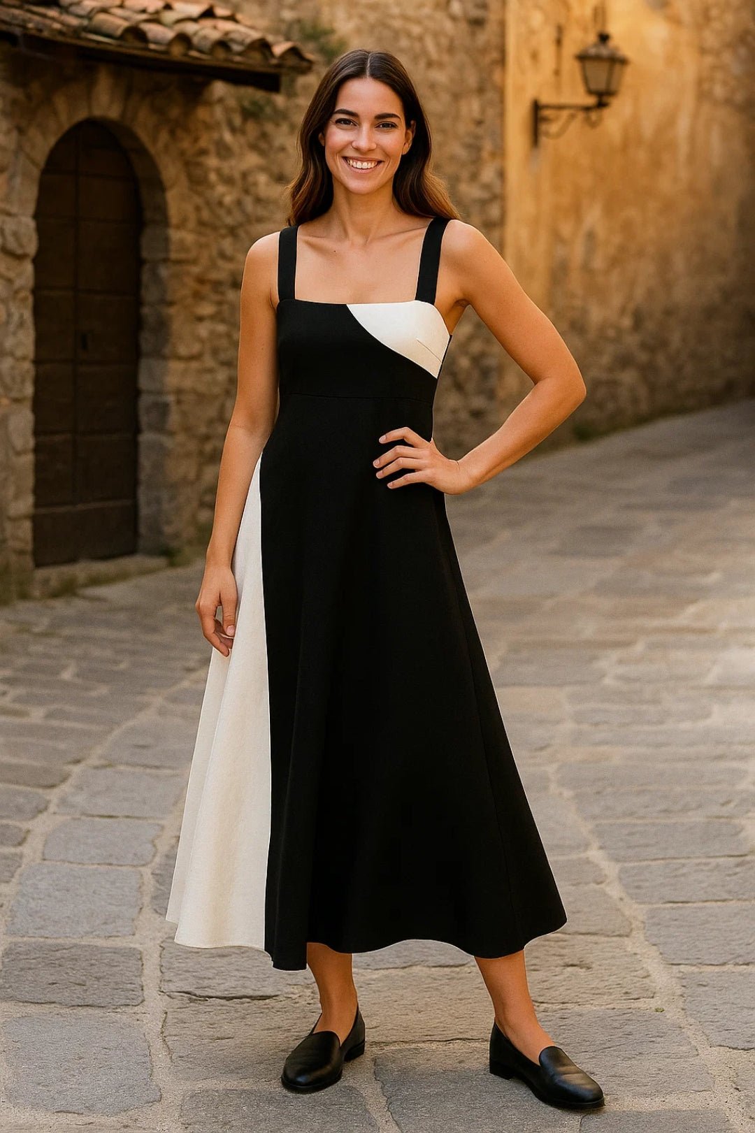 Kalina – Abito Midi Bicolore con Scollo Dritto Elegante Nero e Bianco