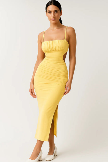 Kamelia – Abito Midi Aderente con Cut-Out e Spalline Sottili Giallo