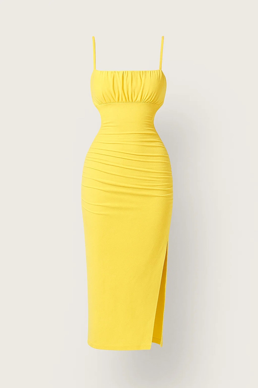 Kamelia – Abito Midi Aderente con Cut-Out e Spalline Sottili Giallo