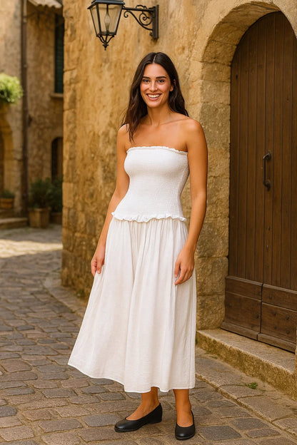 Karen – Abito Lungo Estivo Senza Spalline con Top Elasticizzato Bianco