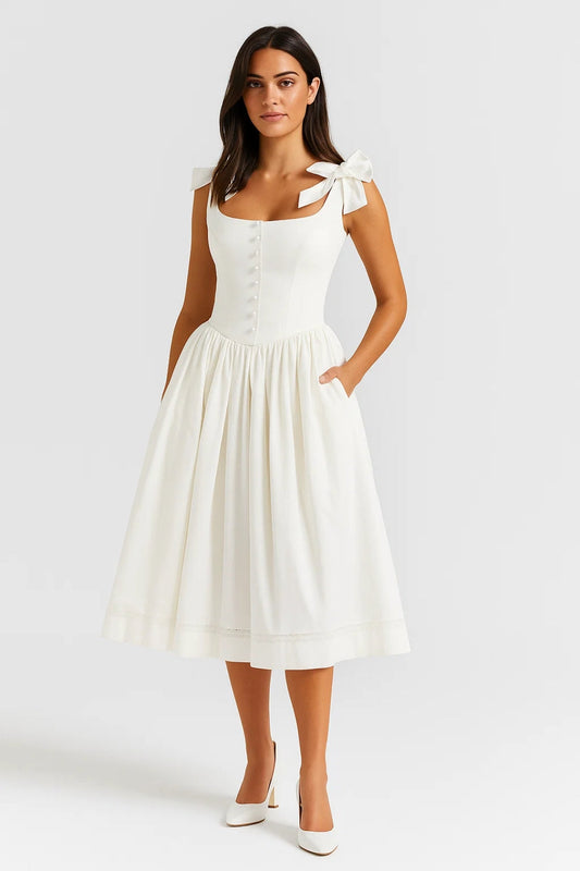 Karolina – Abito Midi in Cotone con Fiocchi e Bottoni Decorativi Bianco