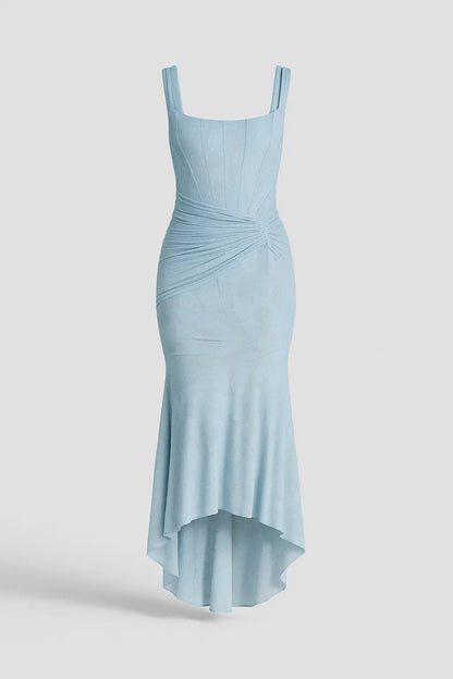 Katerina – Abito Asimmetrico Jacquard Floreale con Drappeggio Azzurro