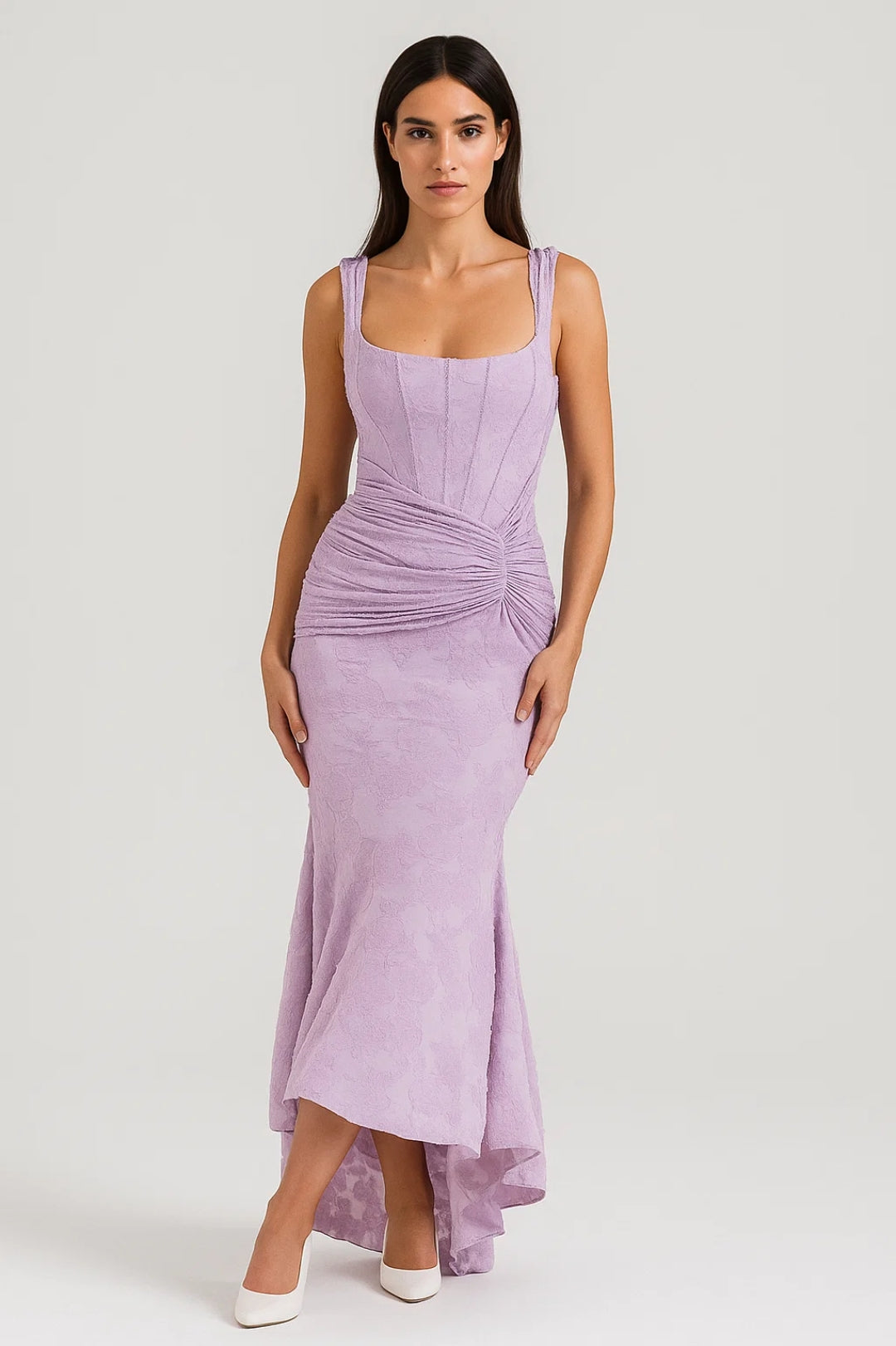 Katerina – Abito Asimmetrico Jacquard Floreale con Drappeggio Lilla