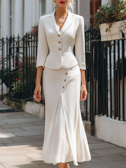 Katia - Elegantes Strukturiertes Blazer- & Midirock-Set mit Knöpfen Bianco