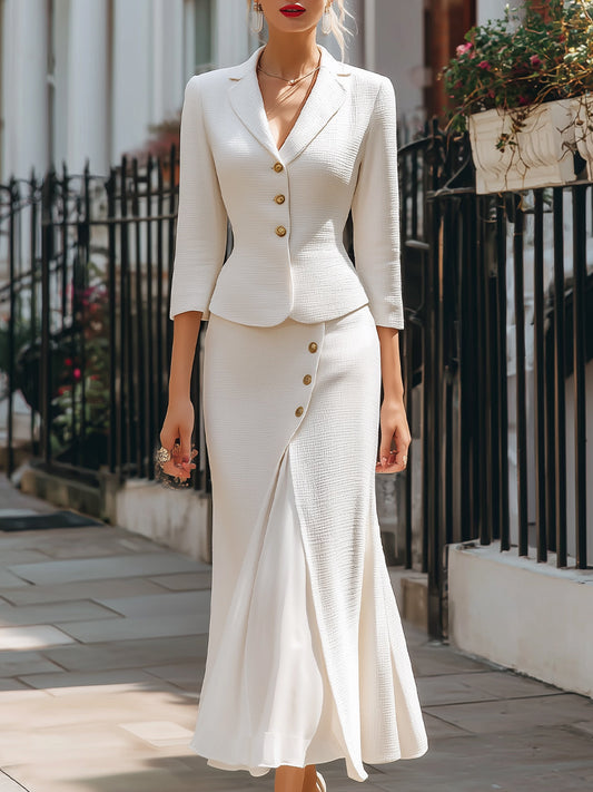Katia - Elegantes Strukturiertes Blazer- & Midirock-Set mit Knöpfen Bianco