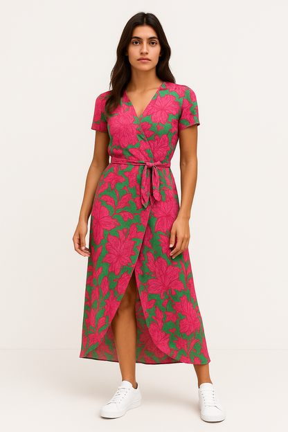 Katia – Abito Estivo Donna Colorato con Scollo a V Rosa/Verde