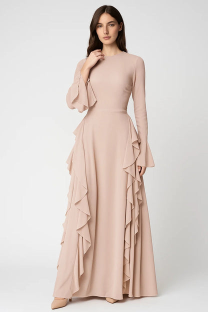 Katiuscia – Abito Lungo Elegante con Volant e Maniche Svasate Beige