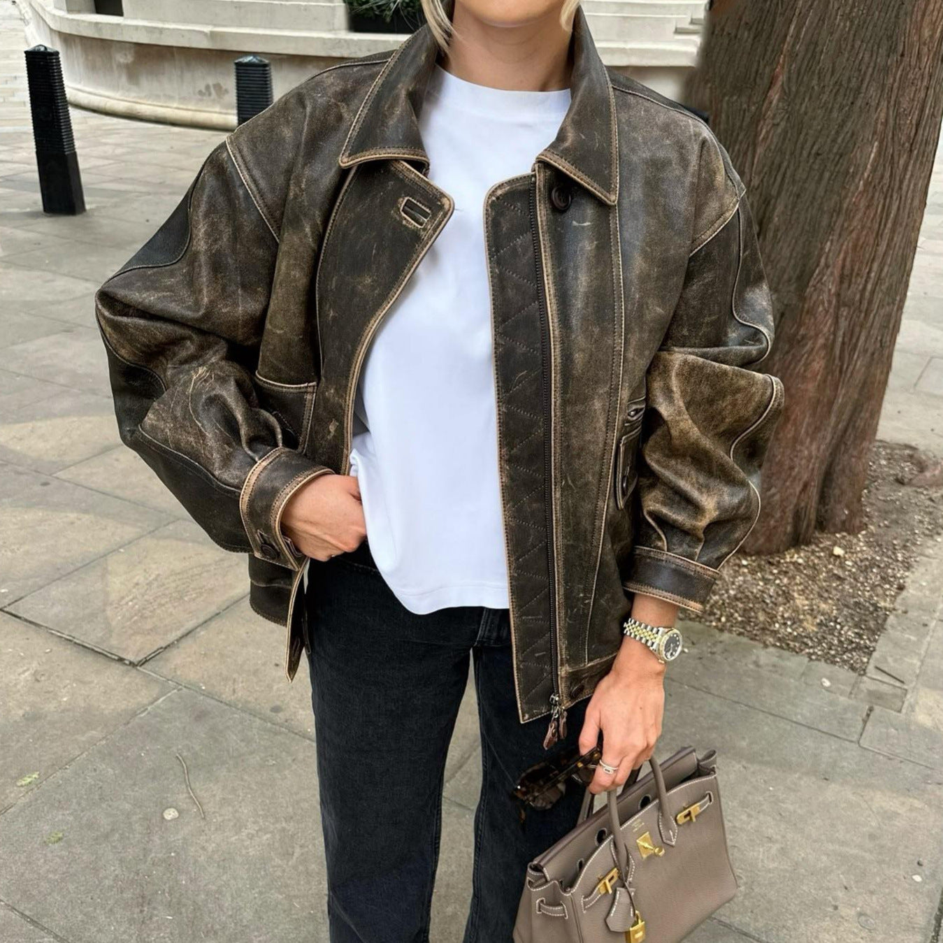 Kayna - Giacca Vintage in Pelle Invecchiata Stile Retrò-Chic Marrone