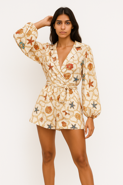 Kendra – Tuta Sexy con Scollo a V Profondo Elegante Cammello