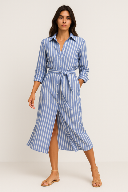 Ketty – Abito Elegante Donna a Strisce con Colletto Blu