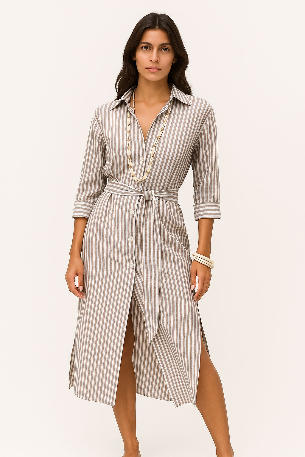 Ketty – Abito Elegante Donna a Strisce con Colletto Khaki