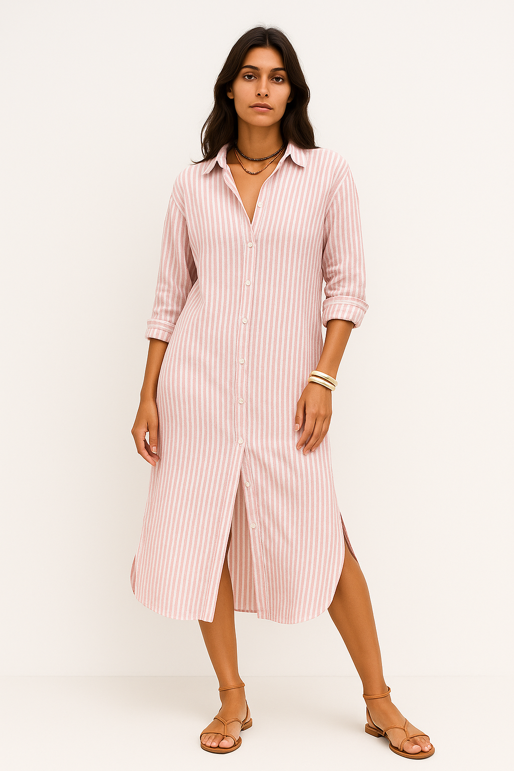 Ketty – Abito Elegante Donna a Strisce con Colletto Rosa