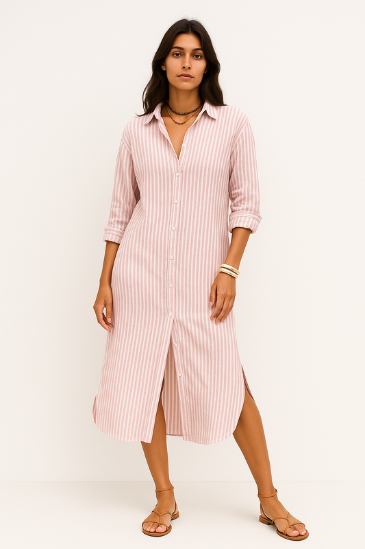 Ketty – Abito Elegante Donna a Strisce con Colletto Rosa