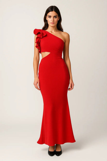 Klara – Abito Midi Monospalla con Volant Elegante Rosso