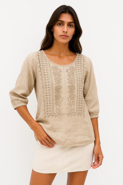 Laura - Donna Camicetta Cotone Leggero, Ricamo Elegante Beige