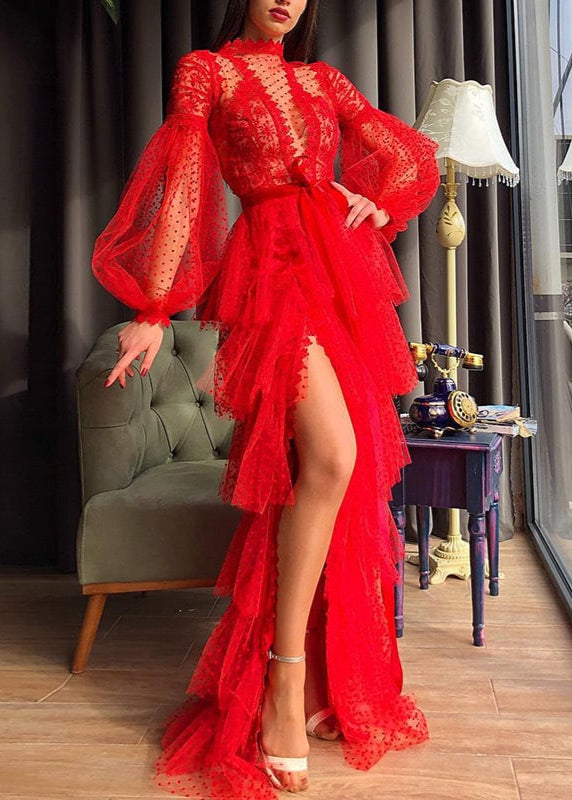 Lavinia - Abito da Sera Donna Elegante Autunnale Lungo con Maniche in Rete Rosso 