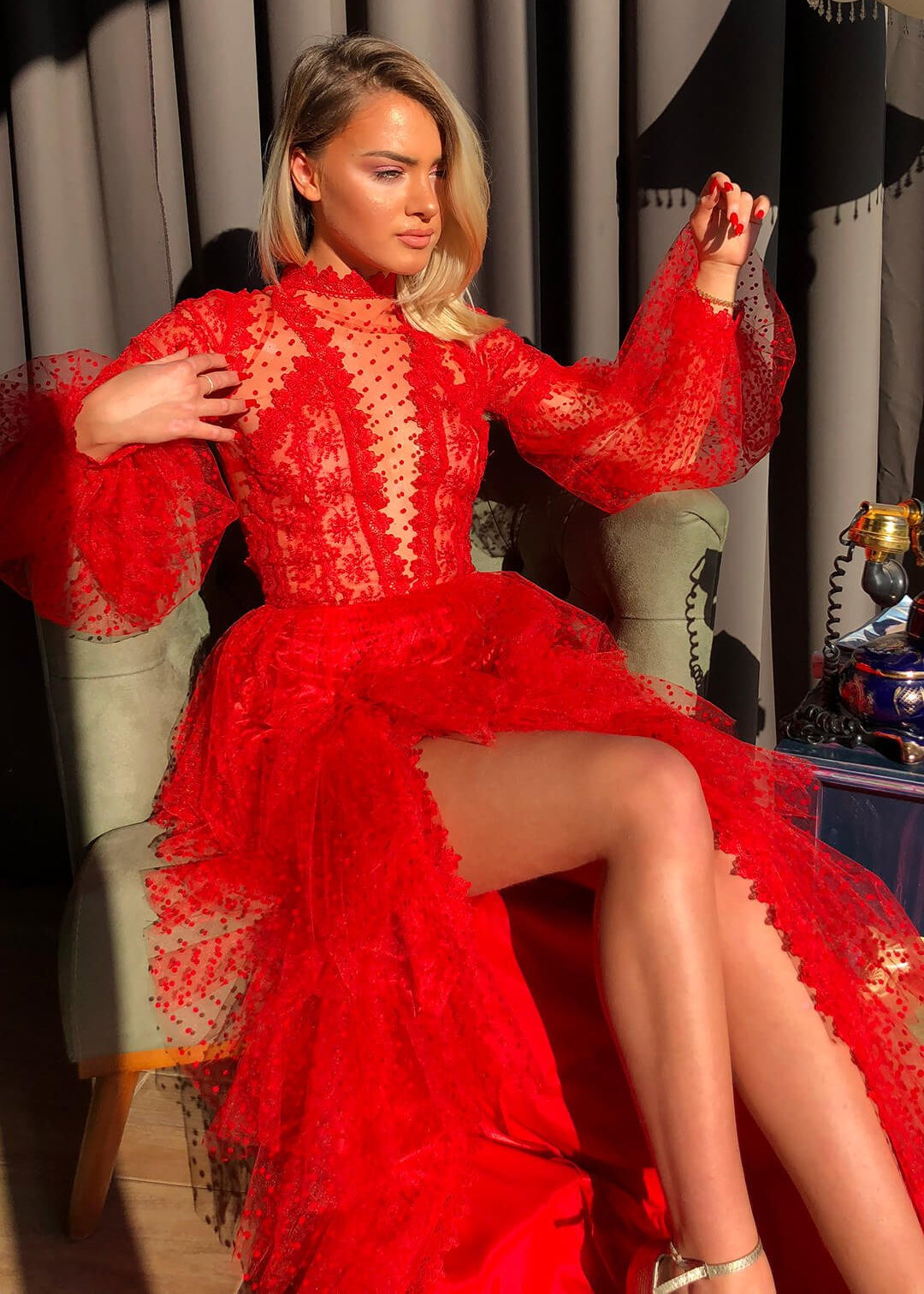 Lavinia - Abito da Sera Donna Elegante Autunnale Lungo con Maniche in Rete Rosso