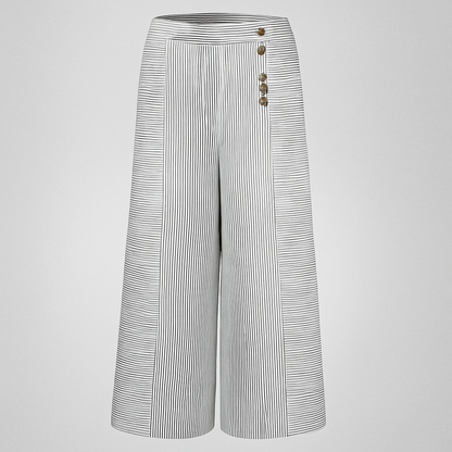 Leonora - Pantaloni Donna a Gamba Larga a Vita Alta a Righe Bianco