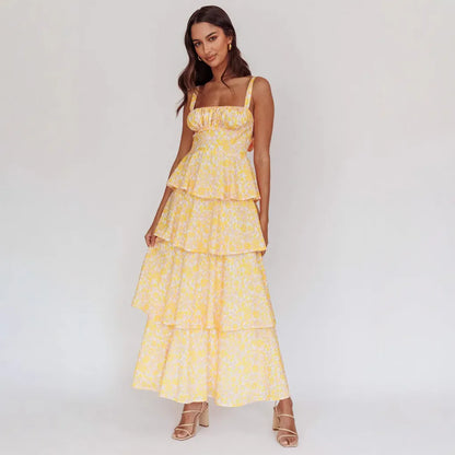 Loretta - Abito Lungo Floreale Boho da Donna Elegante Estivo Giallo