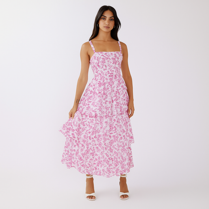 Loretta - Abito Lungo Floreale Boho da Donna Elegante Estivo Rosa