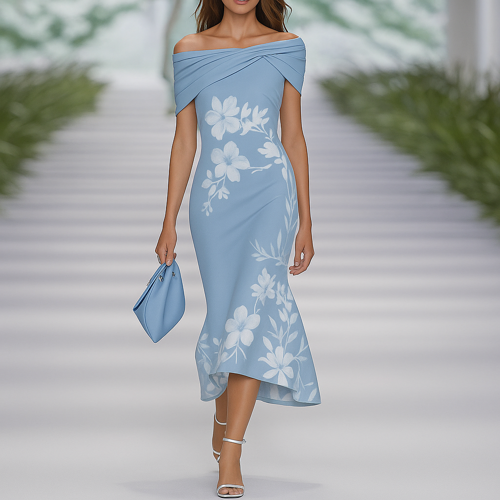 Luminosa - Abito Donna Floreale Drappeggiato con Spalle Scoperte Blu