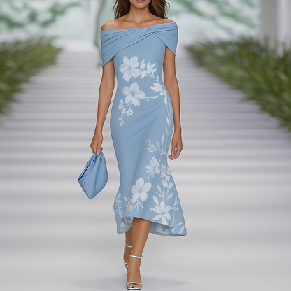 Luminosa - Abito Donna Floreale Drappeggiato con Spalle Scoperte Blu