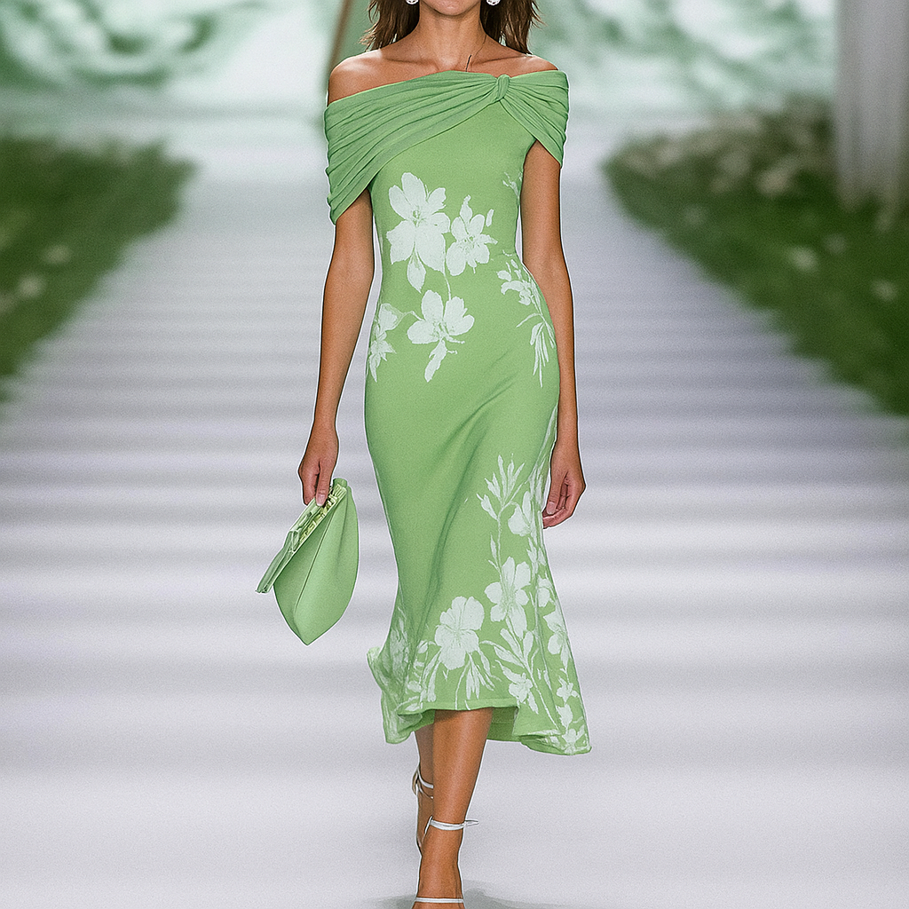 Luminosa - Abito Donna Floreale Drappeggiato con Spalle Scoperte Verde