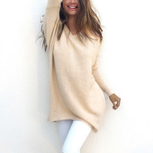 Amelia - Maglione lungo da donna con scollo a V, elegante e versatile