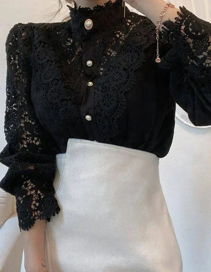 Margherita – Camicia Estiva Elegante a Collo Alto dal Design Classico Nero