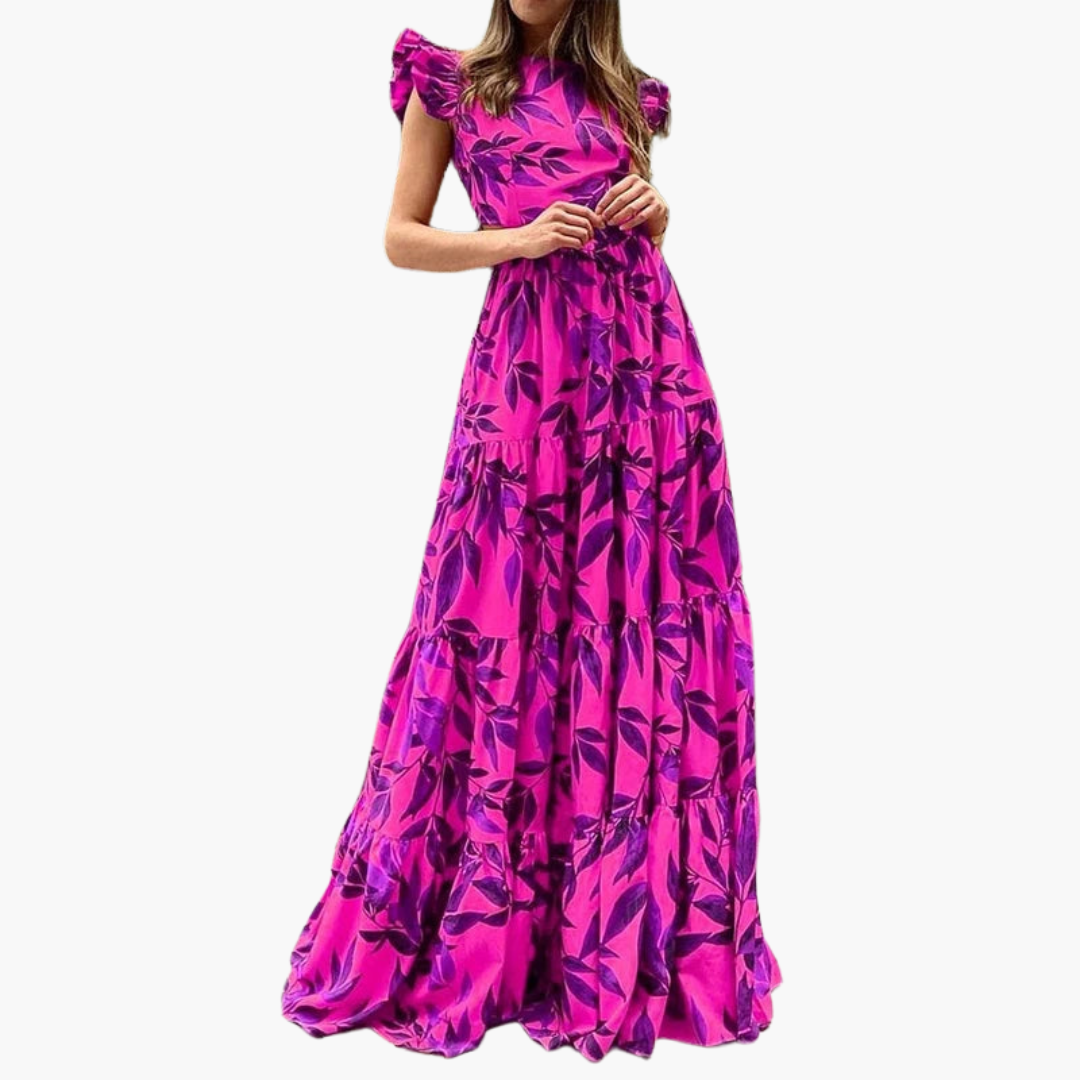 Mariagiulia – Abito Maxi Donna A-Linea con Stampa Foglie Viola