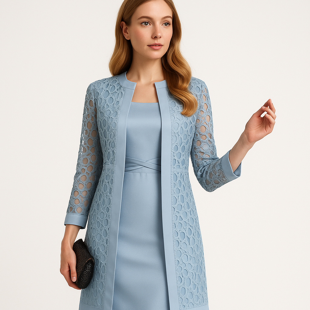 Martina - Abito da Cerimonia con Giacca in Pizzo Elegante Due Pezzi Blu Chiaro