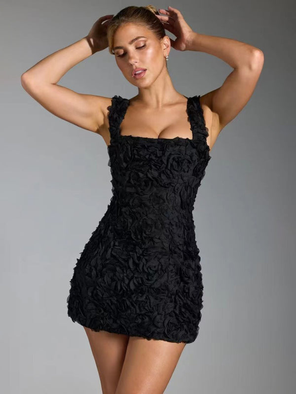 Matilde – Abito Mini Donna con Trama Floreale 3D Elegante Nero