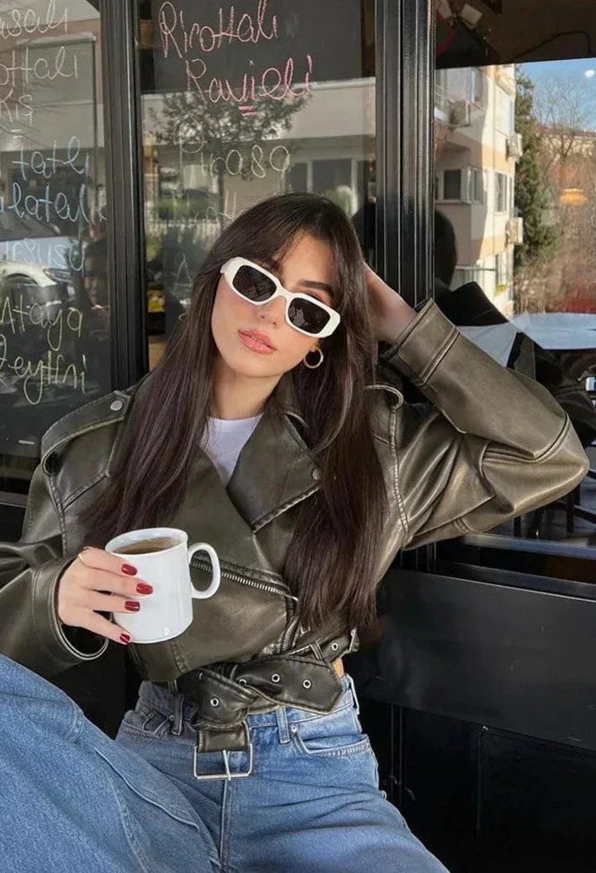 Melissa - Giacca Biker Oversize Ecopelle Stile Rock-Chic Verde