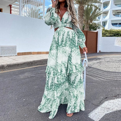 Micol – Abito Maxi Donna con Scollo a V e Dettagli Cut-Out Verde
