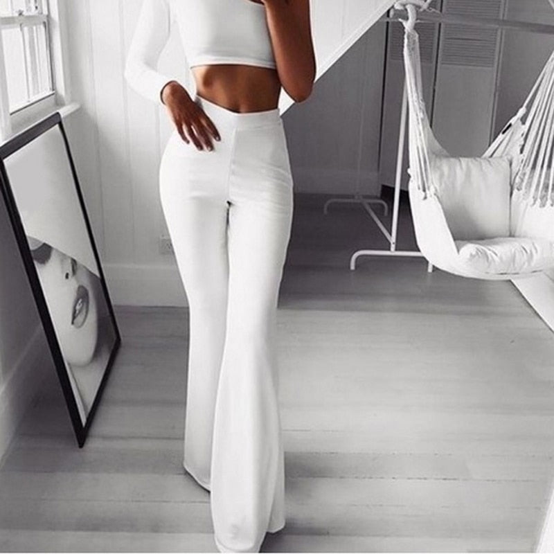 Moira – Pantaloni Donna a Vita Alta Svasati con Vestibilità Elastica Bianco