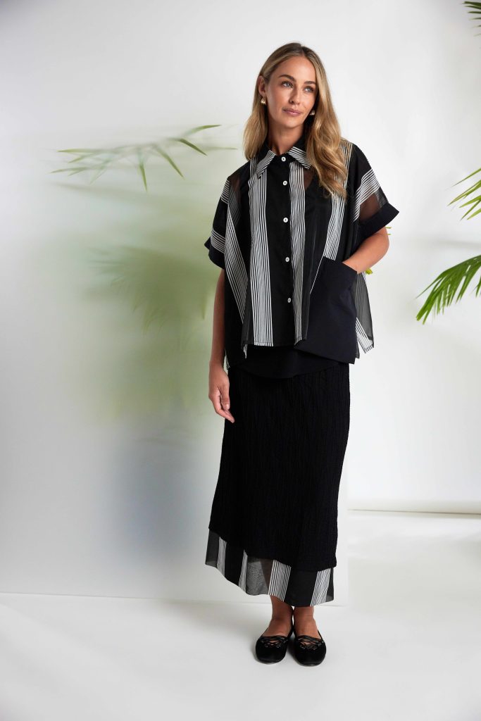 NAYA NAS26255 Stripped Organza Shirt With Fabric Cuff And Pocket
