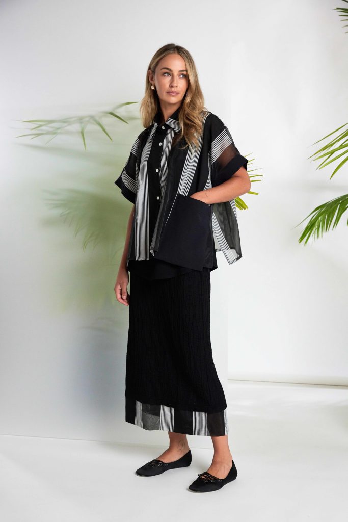 NAYA NAS26255 Stripped Organza Shirt With Fabric Cuff And Pocket