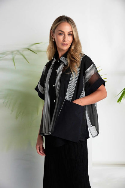 NAYA NAS26255 Stripped Organza Shirt With Fabric Cuff And Pocket