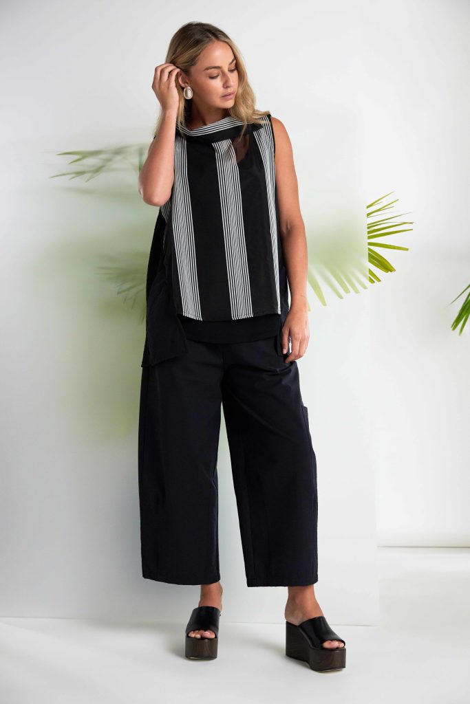 NAYA NAS26257 Stripe Top With Cut Away Collar And Contrast Sides With Pocket