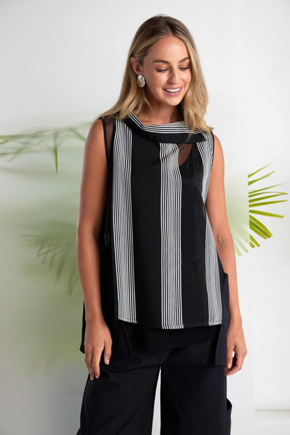 NAYA NAS26257 Stripe Top With Cut Away Collar And Contrast Sides With Pocket