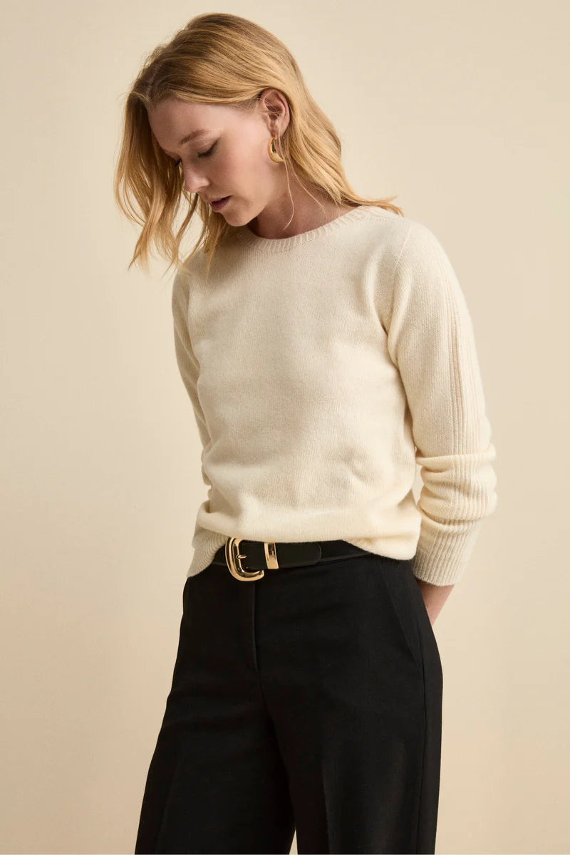 Nandina - Girocollo Donna Lana Merino Manica Lavorata Panna