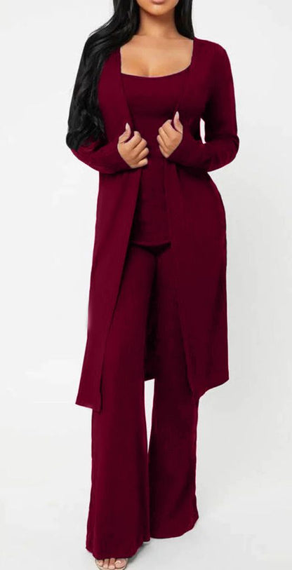 Noranna - Completo Elegante Cardigan, Maglia & Pantalone Bordeaux