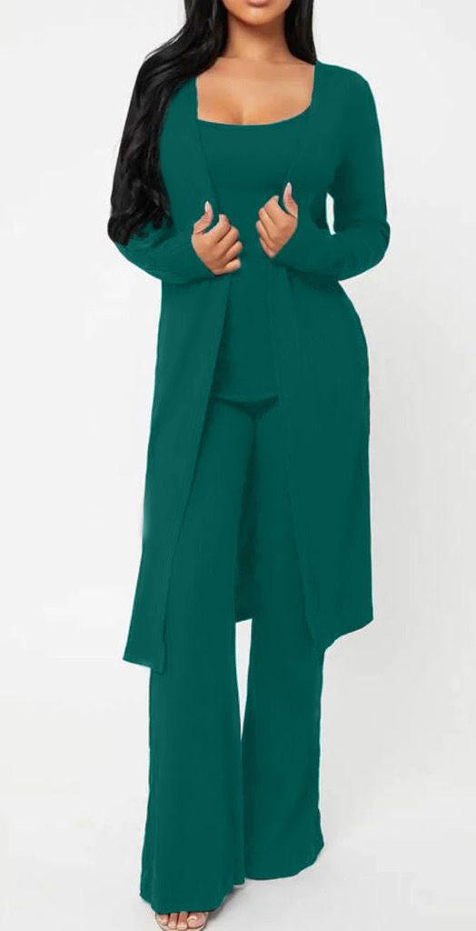Noranna - Completo Elegante Cardigan, Maglia & Pantalone Verde