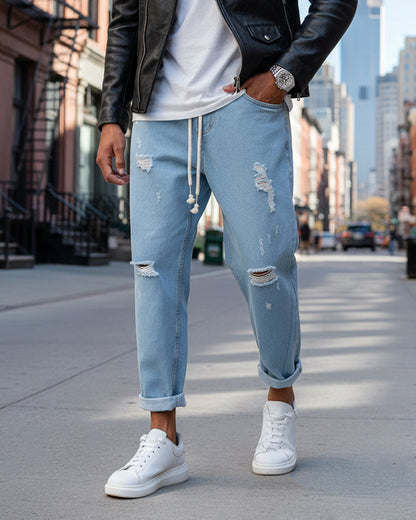 Kjell - Pantaloni Uomo Jeans Loose Fit Strappi Chiaro