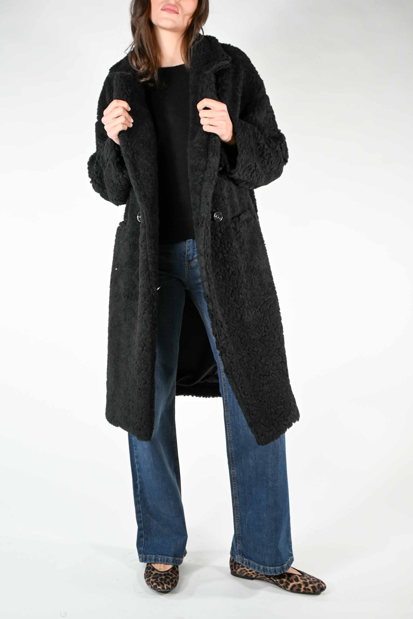 Palmina - Cappotto orsetto misto lana doppiopetto Nero