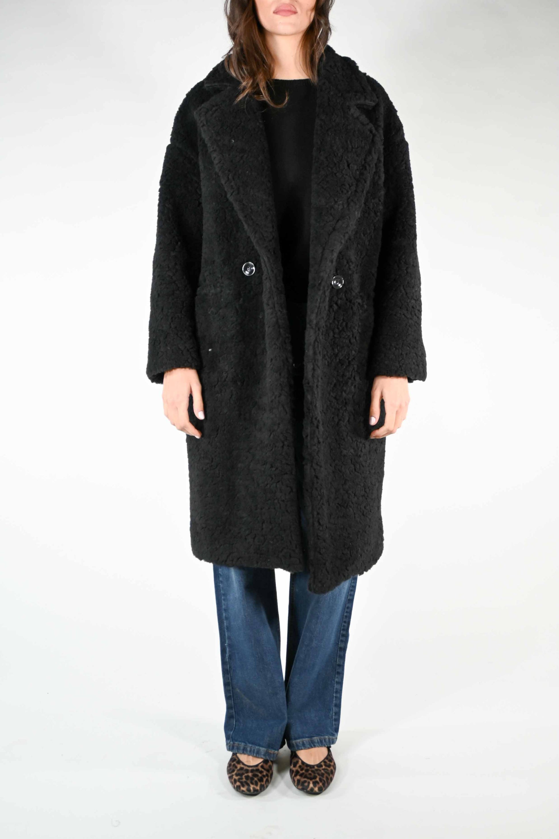 Palmina - Cappotto orsetto misto lana doppiopetto Nero