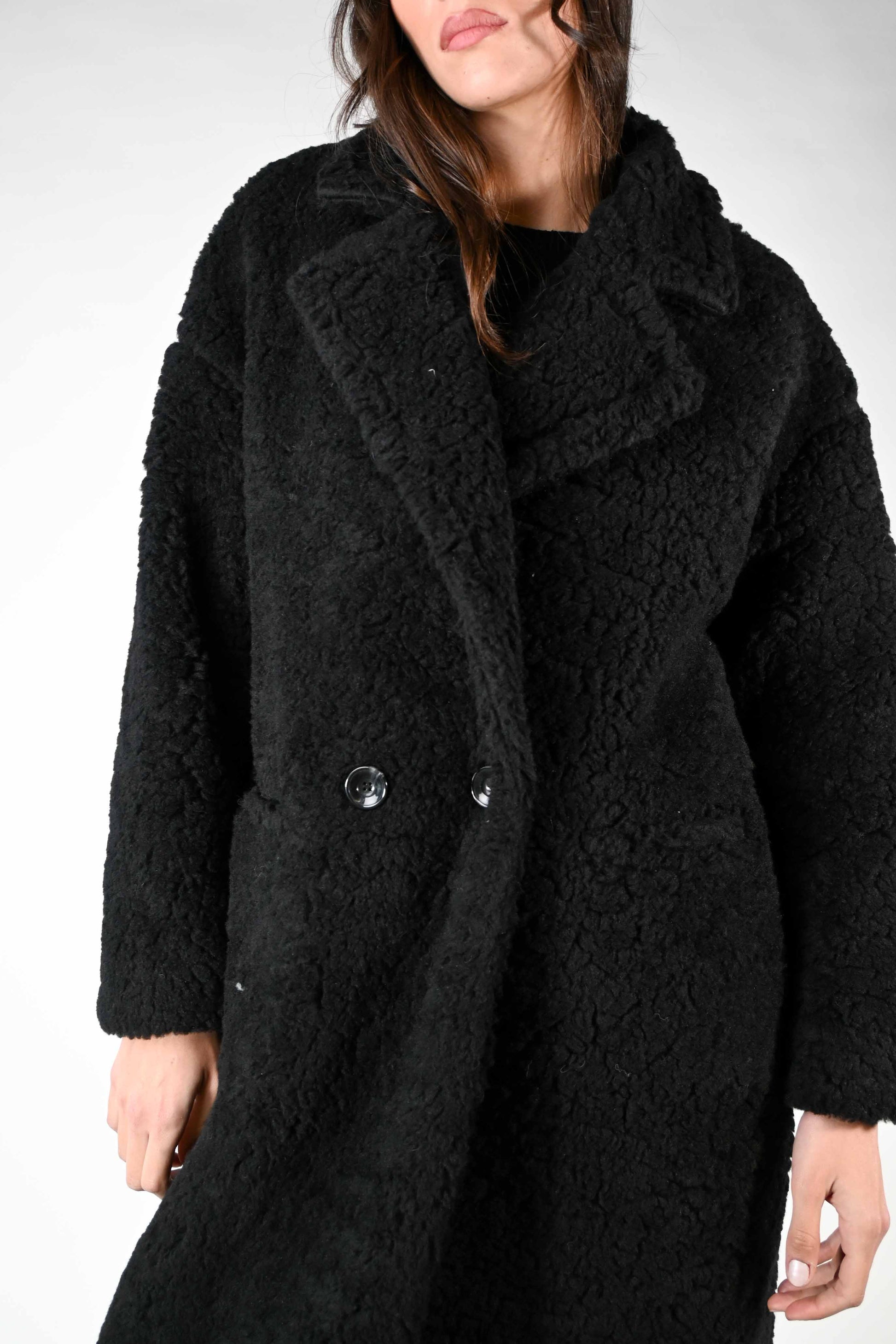 Palmina - Cappotto orsetto misto lana doppiopetto Nero