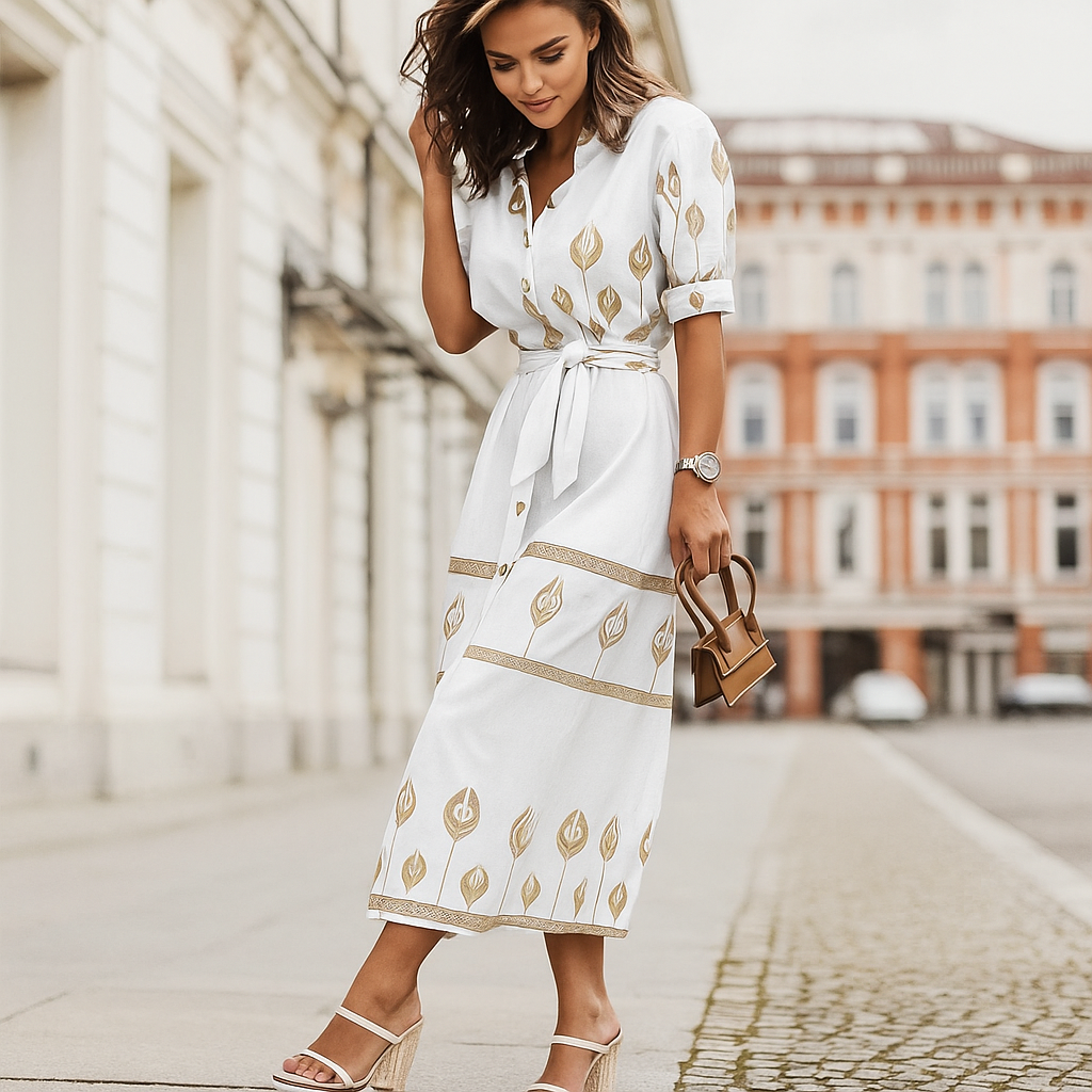 Palmina – Abito Casual in Misto Lino con Cintura Bianco